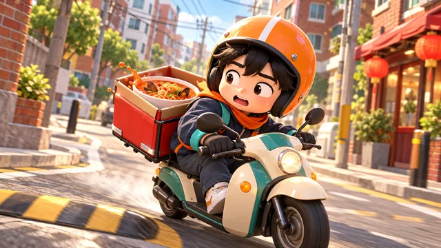A 3D illustration of a courier in an orange helmet riding a scooter through a Korean alley, guarding a sloshing bowl of noodle soup