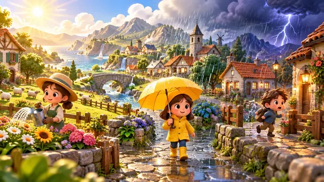 Villagers reacting to sunshine, rain and lightning