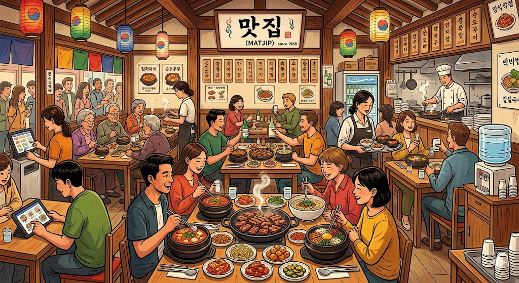Authentic Korean Matjip restaurant with traditional folk art illustration style and modern technology elements, Busan