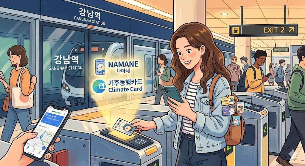 Foreigner using NAMANE and Climate Card in Seoul subway, modern all-in-one transit card illustration, meinlog.com