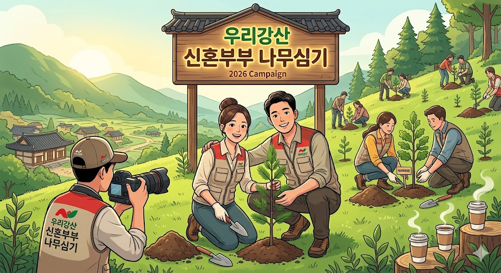 언덕 위에서 묘목을 심으며 카메라를 향해 미소 짓는 신혼부부들과 이를 촬영하는 사진가, '우리강산 신혼부부 나무심기' 안내판이 있는 따뜻한 색감의 캠페인 일러스트.