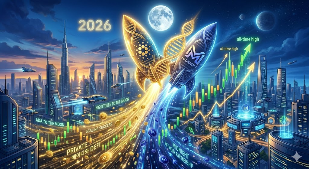 A cinematic digital illustration of two futuristic rockets, one representing Cardano (ADA) and the other Midnight (NightToken), launching together toward the moon above a futuristic city. Green and gold price charts and both coin types shower below, symbolizing mutual success and partnership in 2026.