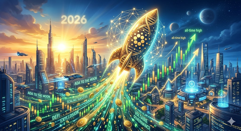 미래 도시 위로 높이 솟아오른 카르다노(ADA) 로고를 묘사한 낙관적인 일러스트로, 엄청난 성장과 2026년 "달 착륙"을 상징합니다.