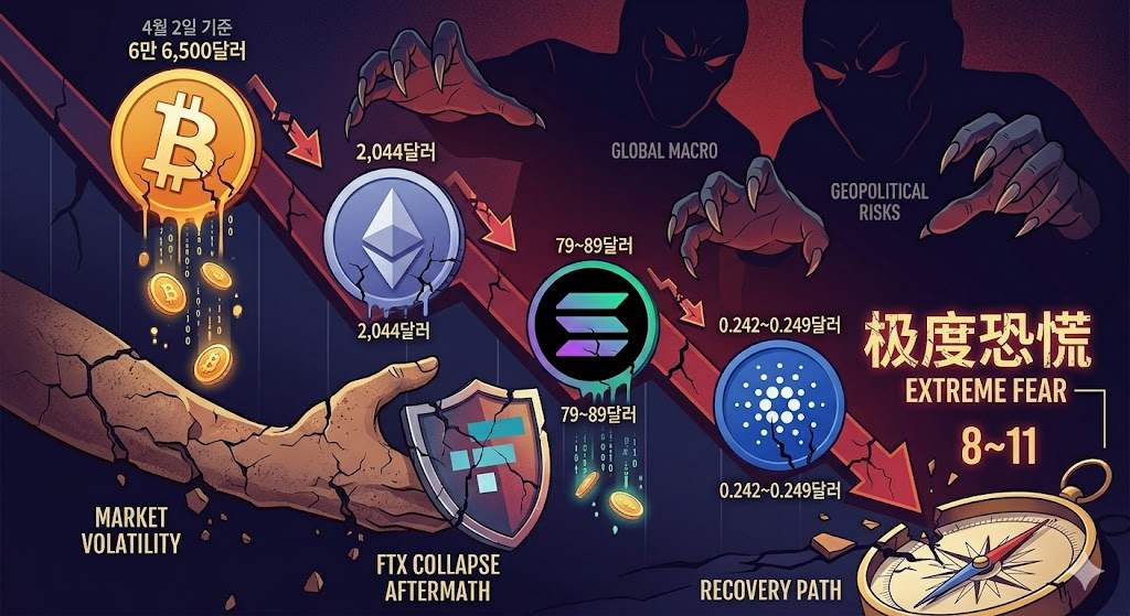 2026년 4월 암호화폐 시장 하락 그래프 비트코인 6만 6,500달러 이더리움 2,044달러 폭락 솔라나 카르다노 카르다노 공포 탐욕 지수 8~11 일러스트