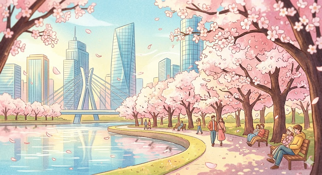 2026년 만개한 벚꽃길 아래에서 산책과 피크닉을 즐기는 사람들의 따뜻한 일러스트