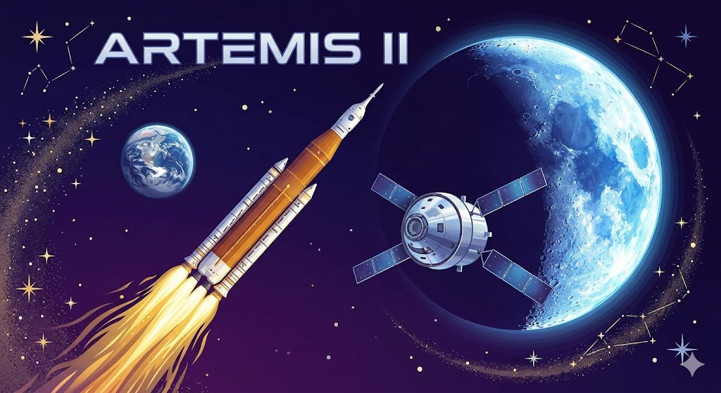 NASA Artemis II mission SLS rocket launch and Orion spacecraft orbiting the Moon illustration